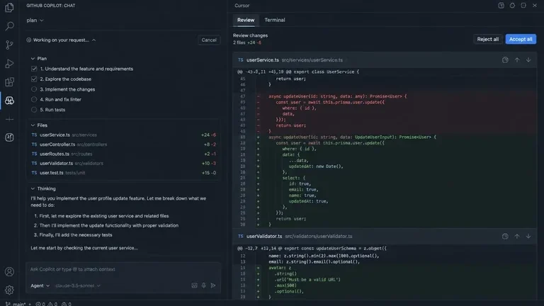 VSCode vs Cursor panel agent Copilot dan Cursor meninjau diff lintas file