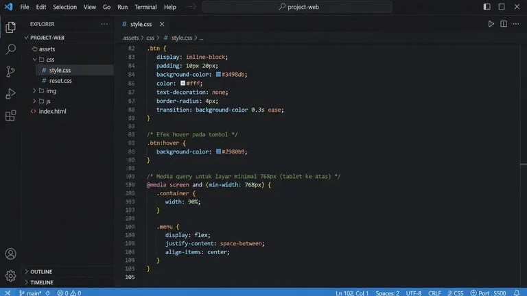screenshot VS Code CSS media query min-width untuk pola Mobile First