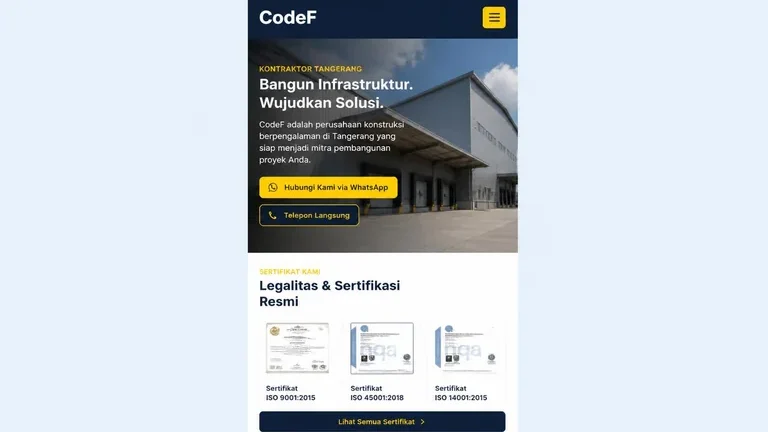 mockup website company profile kontraktor dengan urutan blok Mobile First
