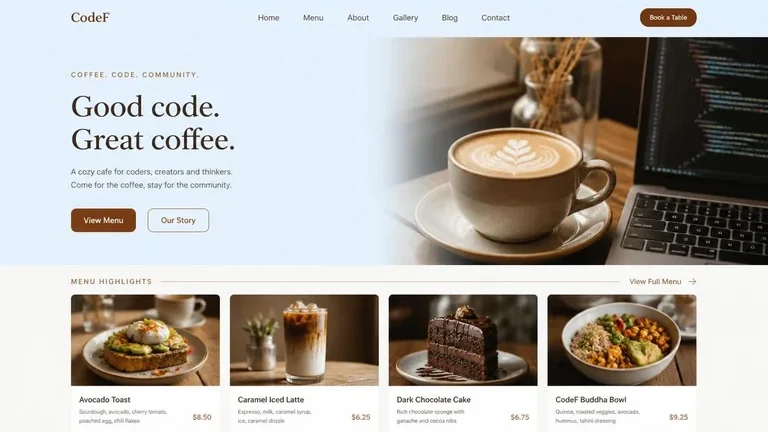 preview landing page kafe F&B buatan prompt membuat website ai