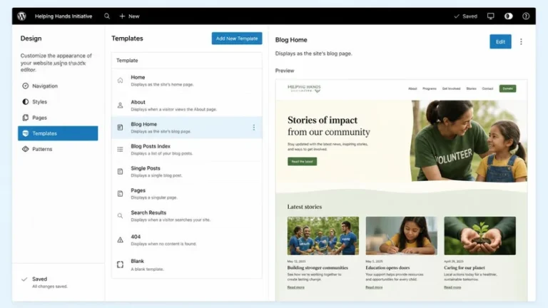 struktur halaman website donasi WordPress dengan Block Editor dan theme ringan