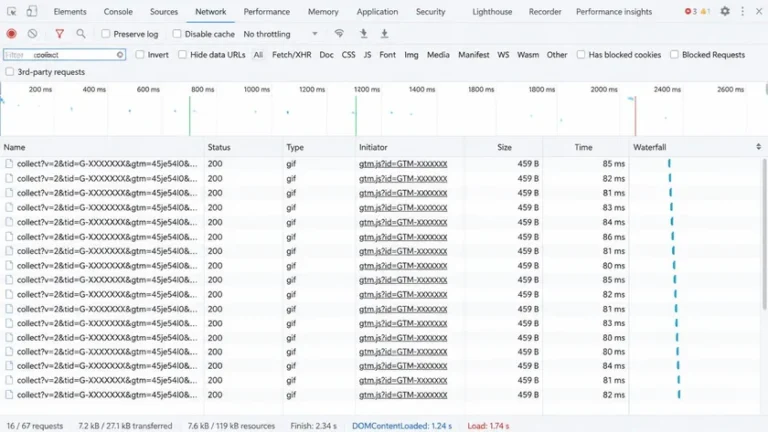 Chrome DevTools Network menampilkan request google-analytics.com/g/collect untuk verifikasi GA4 Chrome DevTools Network menampilkan request google-analytics.com/g/collect untuk verifikasi GA4