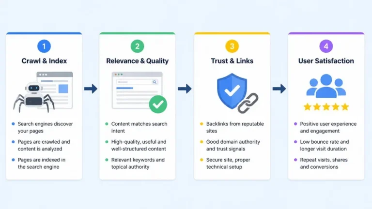 diagram empat tahap diagnosis posisi website tidak naik crawl relevansi trust pengguna