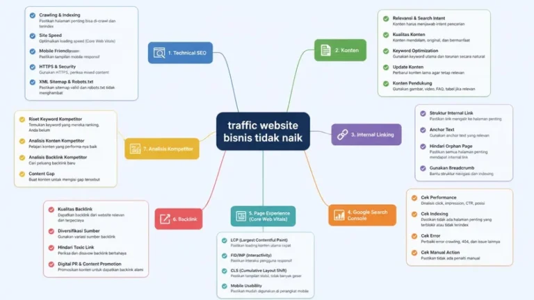 Diagram ilustratif query fan-out Google dari pertanyaan traffic website ke subtopik SEO terkait