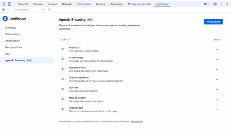 Lighthouse Agentic Browsing di Chrome DevTools untuk audit SEO AI agent pada website Lighthouse Agentic Browsing di Chrome DevTools untuk audit SEO AI agent pada website