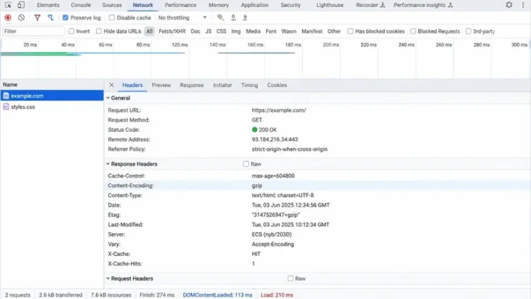 header Content-Encoding gzip pada respons HTML WordPress di DevTools