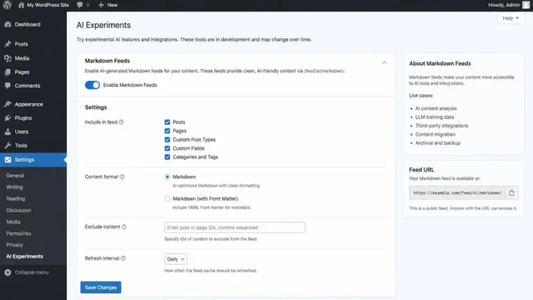 Pengaturan eksperimen Markdown Feed WordPress di menu Settings AI Pengaturan eksperimen Markdown Feed WordPress di menu Settings AI